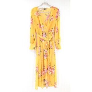 Yellow Floral V-Neck Long Sheer Button Sleeve Flowy Whimsical Maxi Dress Med